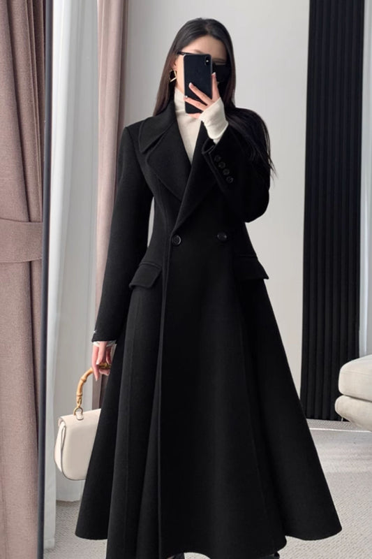 Long black winter wool coat women C4473