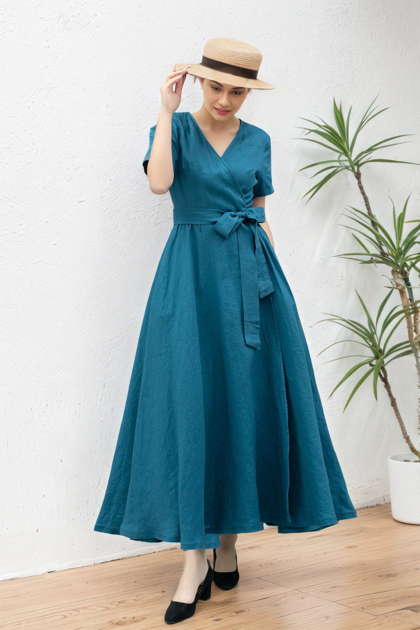 Womens long linen summer wrap dress C5365