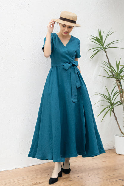 Womens long linen summer wrap dress C5365
