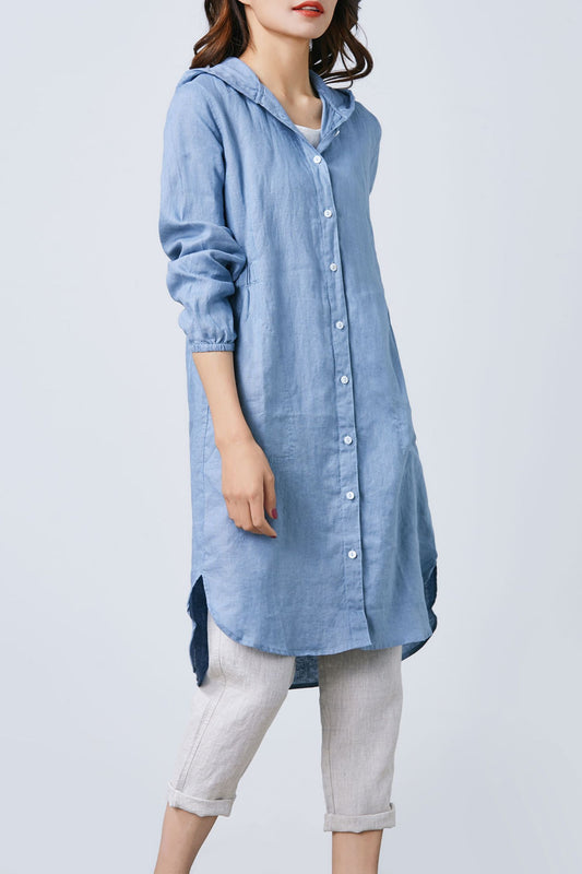 Blue Simple Linen shirt dress C1672