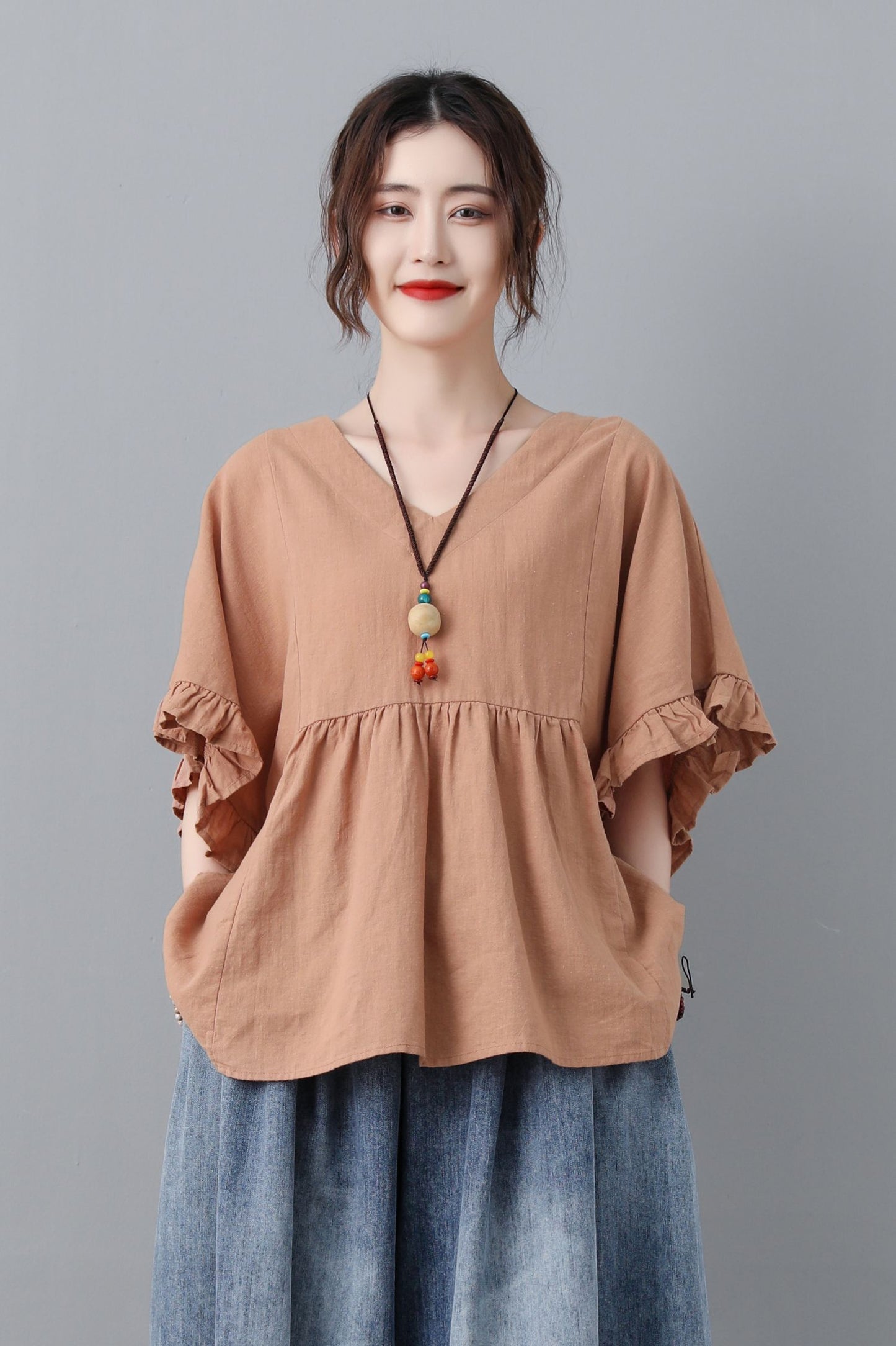 Loose fitting summer linen blouse with ruffle details C2303