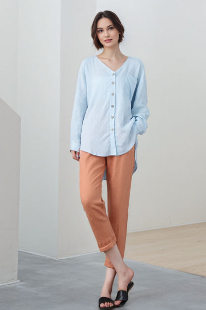 Light Blue Linen Blouse: Oversized V-Neck Long Sleeve Button-Up Top, Ylistyle C5324