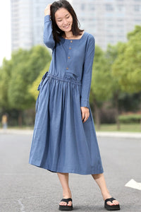 Blue Waist Drawstring Loose Dress C267