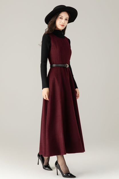 Burgundy Wool maxi Dress: Sleeveless A-Line Swing Jumper, Ylistyle C5239