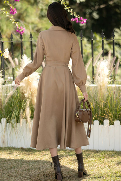 Khaki Linen Cotton Midi Shirt Dress – Casual Loose Fit Spring Dress for Women, Ylistyle C5439