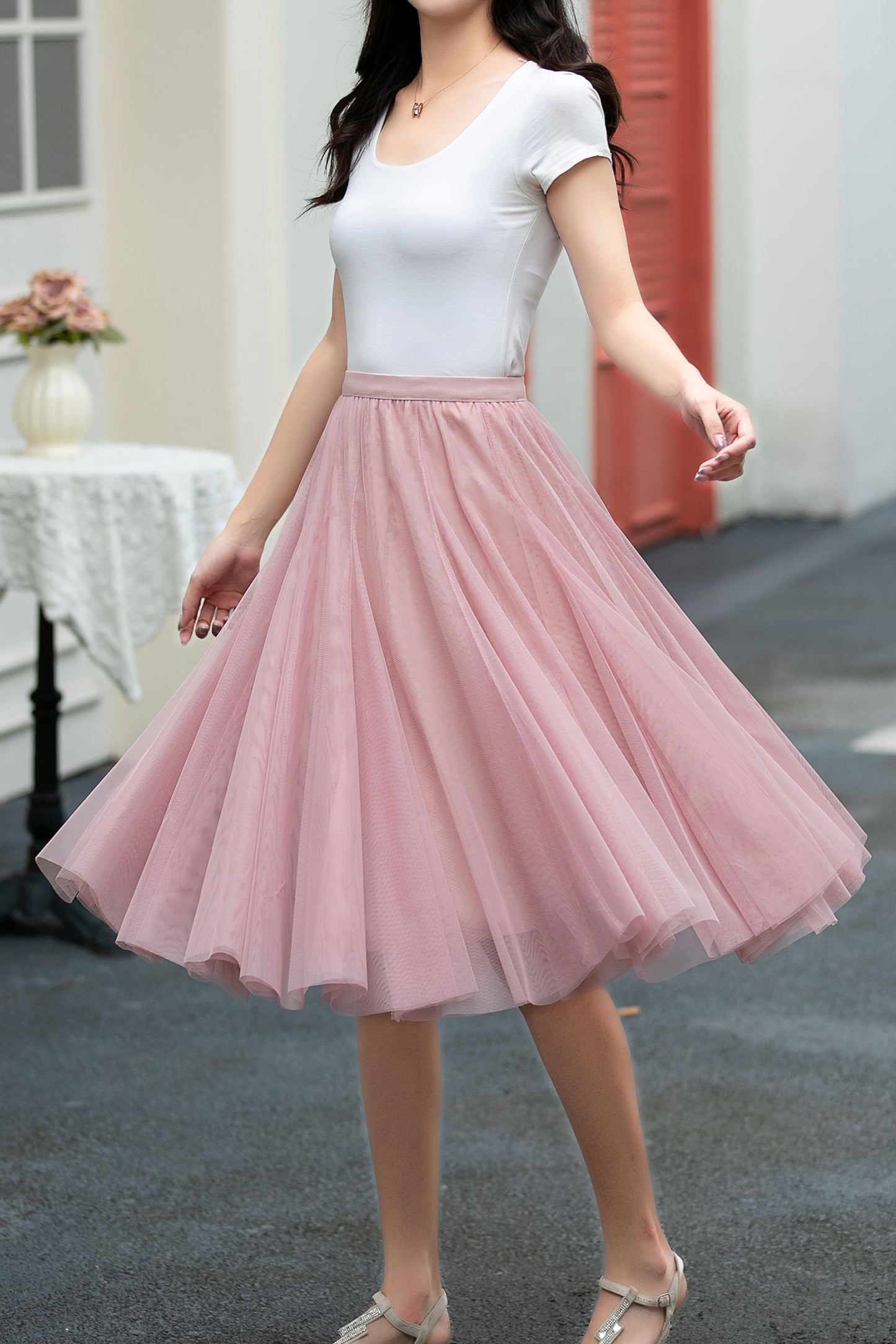 A line skater knee length tulle skirt C5035