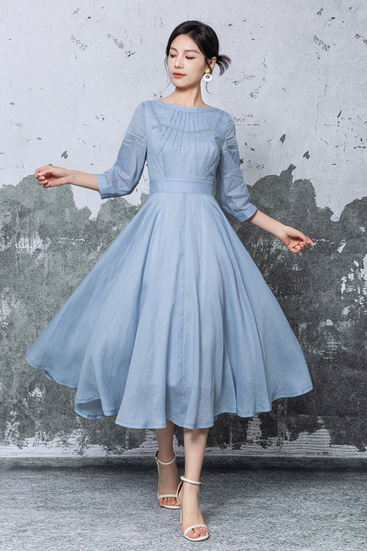 Blue Linen Midi Dress: Pleated Neckline Swing Dress, Ylistyle C5475