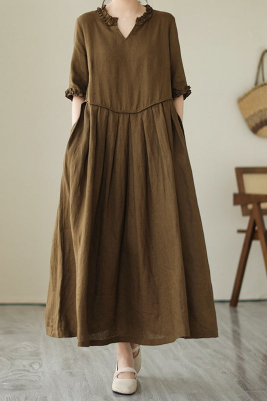 V neck loose cotton and linen dress TT0010