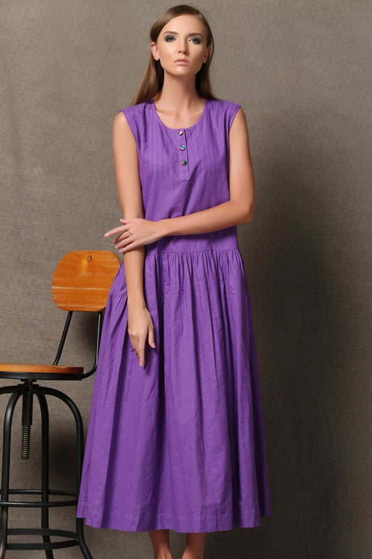 Purple Linen Dress - Loose-Fitting Fit and Flare Sleeveless Womens Dress with Pockets C541