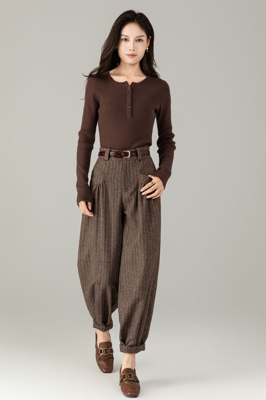 Brown Wool Striped Trousers - Classic Fit & Comfort | Winter Smart Casual Pants C5244