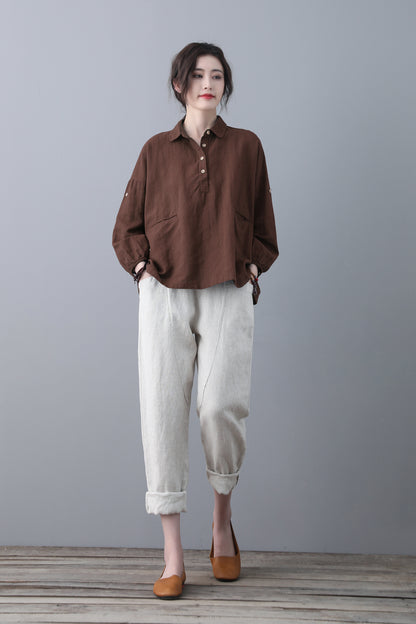 Brown Loose linen Tops C5346