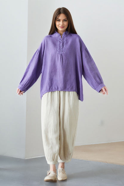 Purple Cotton Linen Blouse: Oversized Long Sleeve Boho Shirt with Ruffled Collar, Ylistyle C5323