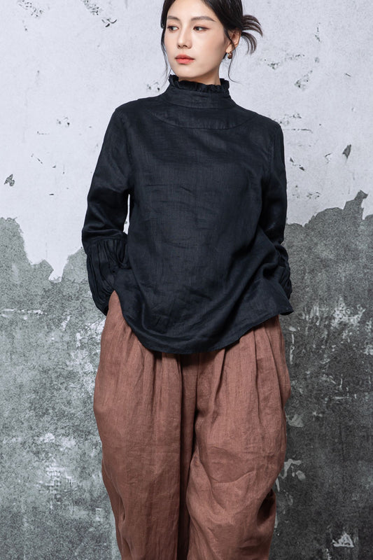 Black Linen Blouse for Women – Loose Fit Long Sleeve Linen Top with Ruffle Neck, Ylistyle C5461