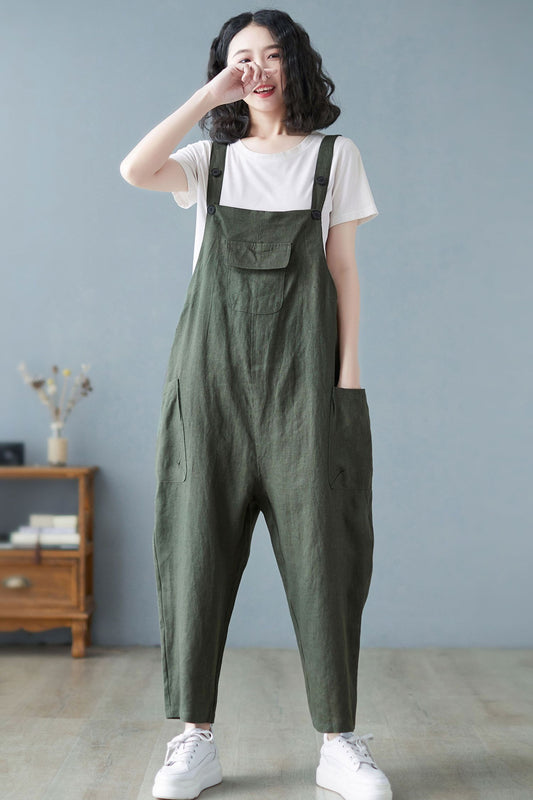 Women Army Green Casual Cropped Linen Overalls C2722