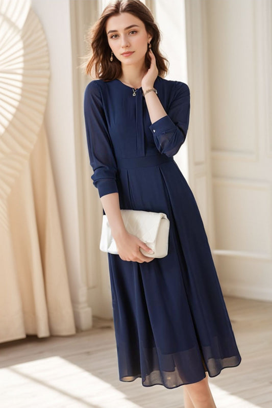 Spring and Summer Navy Blue Long Sleeve Dress C4298