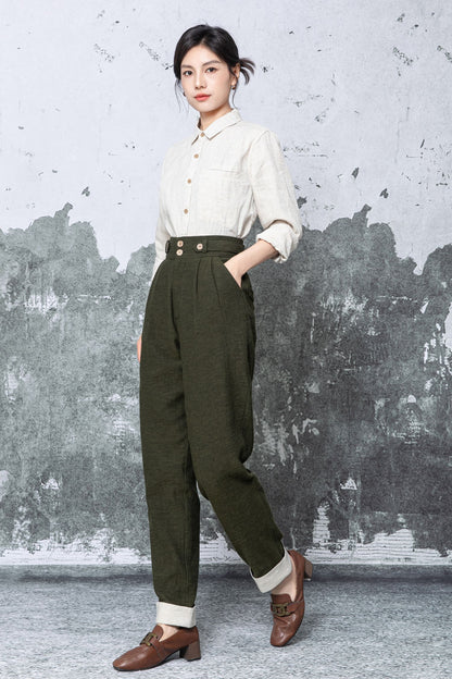 Olive Linen Blend Wide Leg Trousers - High Waist Relaxed Fit c5477