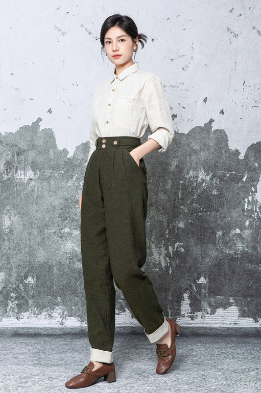 Olive Linen Blend Trousers: High Waisted Relaxed Fit Pants, Ylistyle C5477