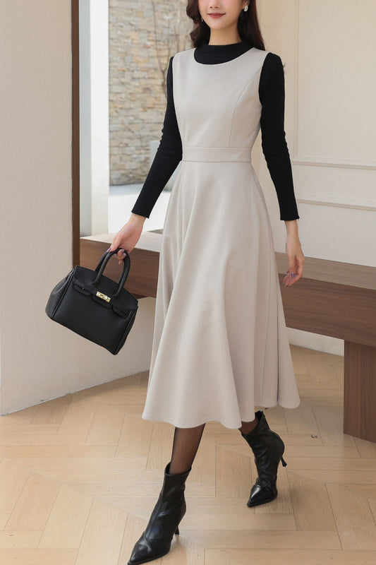 Sleeveless A-Line Midi Wool Dress C5193