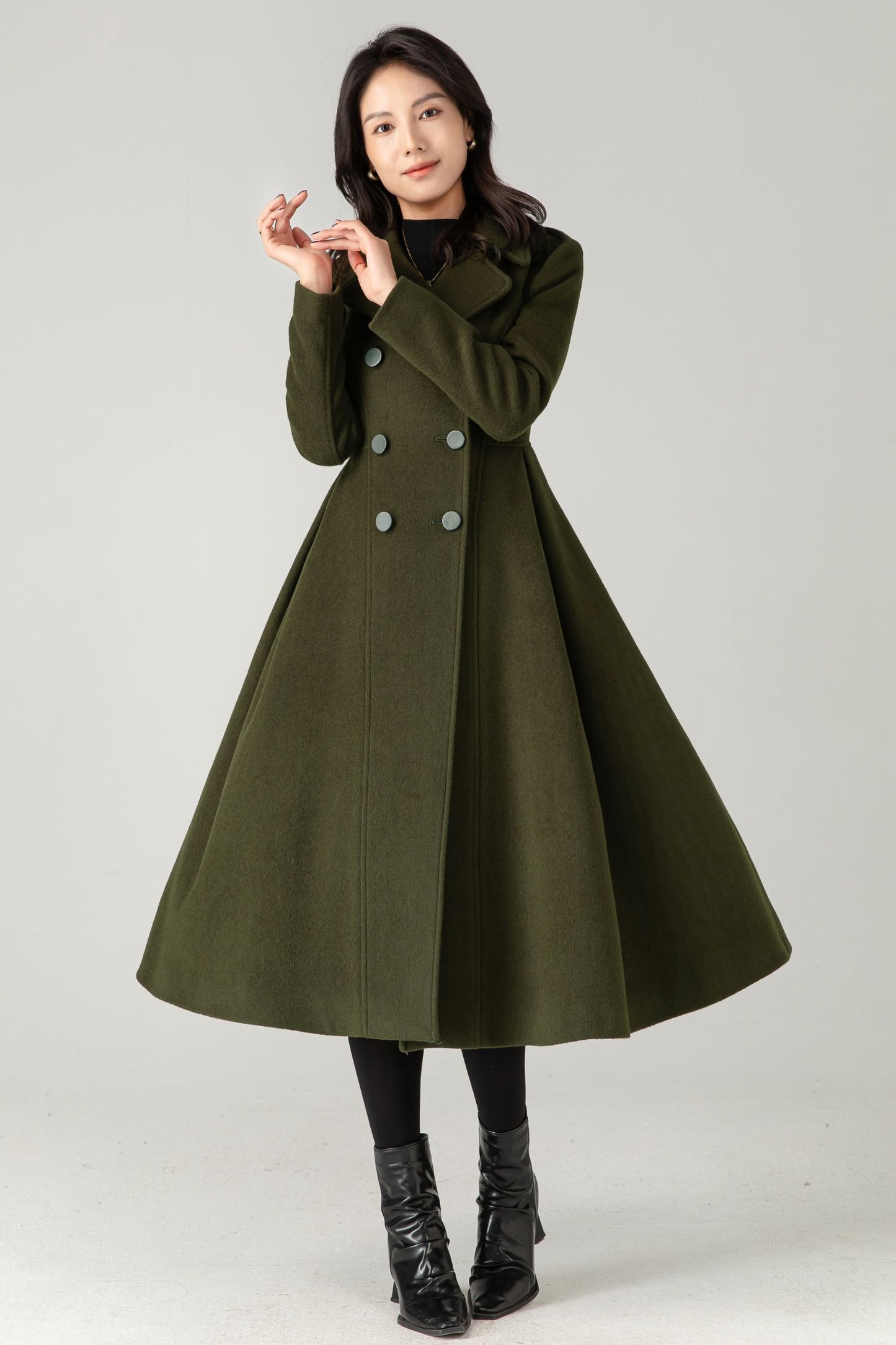 Vintage Inspired Long Princess Coat in Army Green C5342