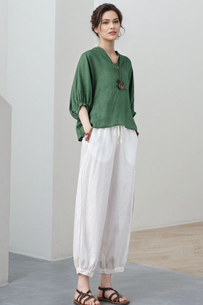 Linen blouse, green linen tops, Linen blouse for women, Oversized Linen top C5319