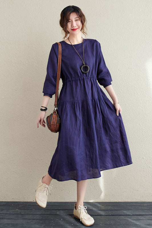 Linen Blue Oversized Casual Plus size dress C2148