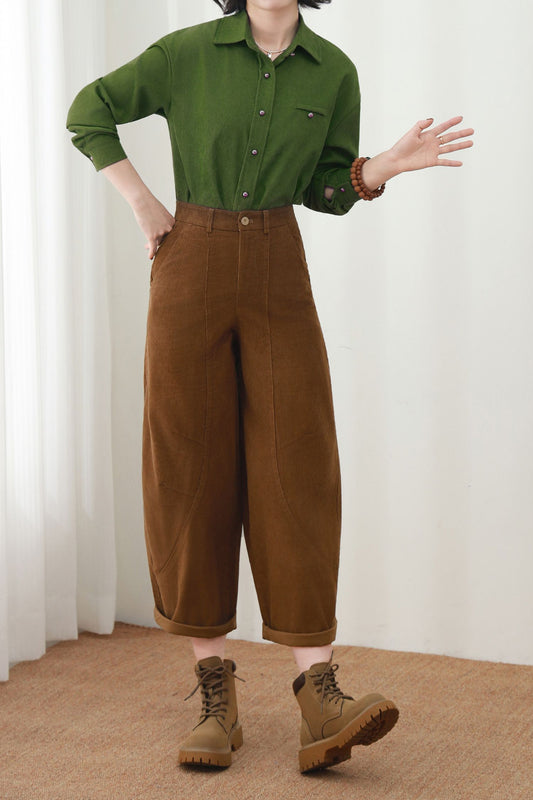 Brown Cotton Corduroy Barrel Pants: High Waist Cropped Trousers, Ylistyle C5449