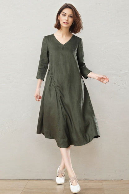 Army Green Midi Linen Dress C5400