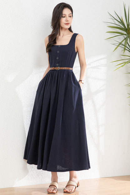 Square Neck Button Maxi Dress for Women c4984