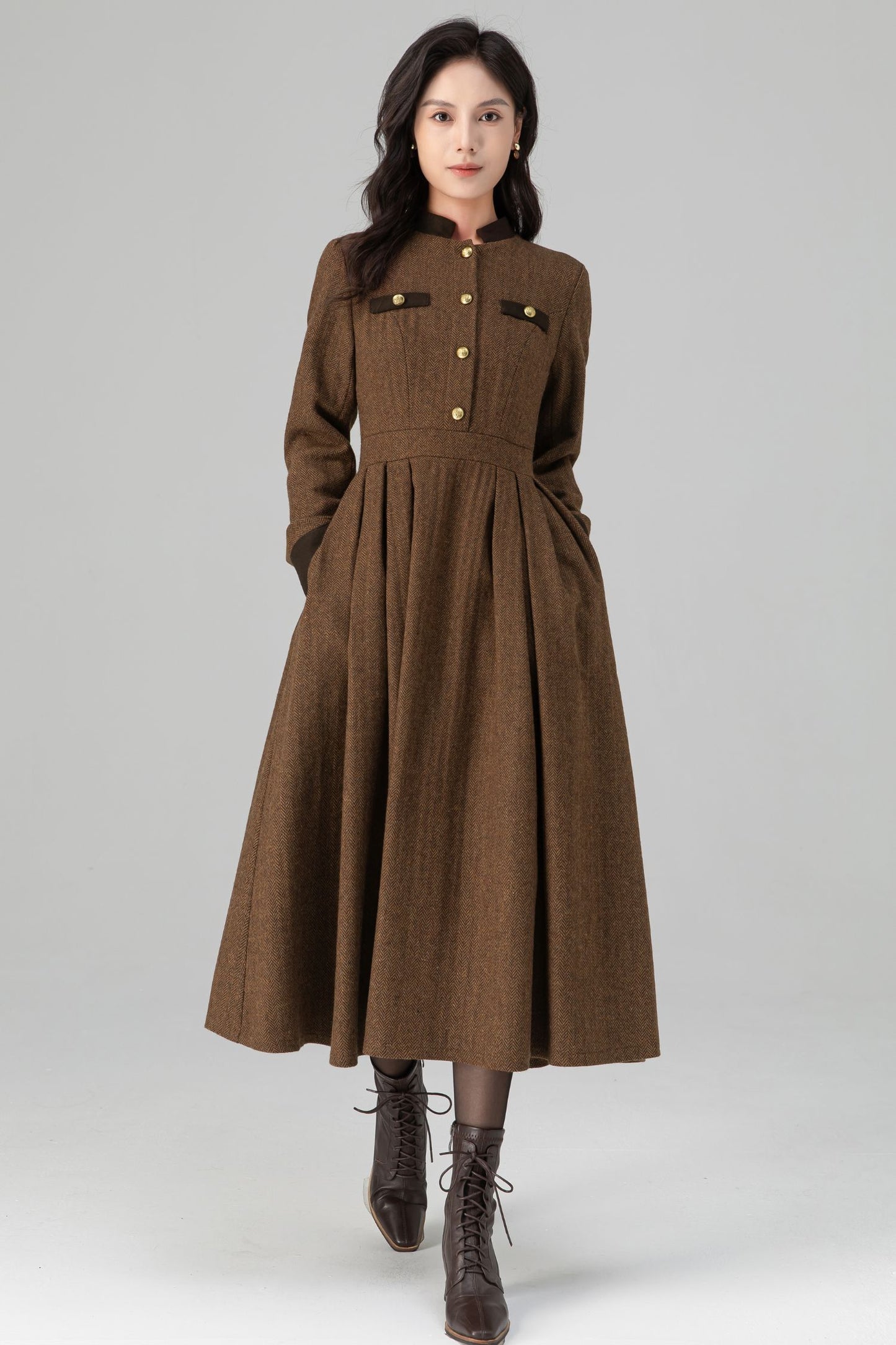 Warm Winter Military Button front Wool Dress Women C5194