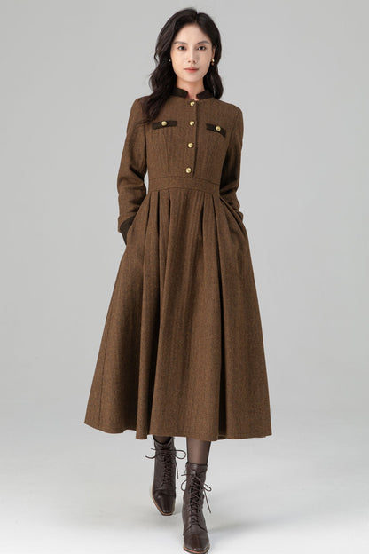 Warm Winter Military Button front Wool Dress Women C5194