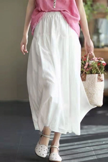 White Cotton Linen Swing Skirt - Elastic Waist, Lined TT0049