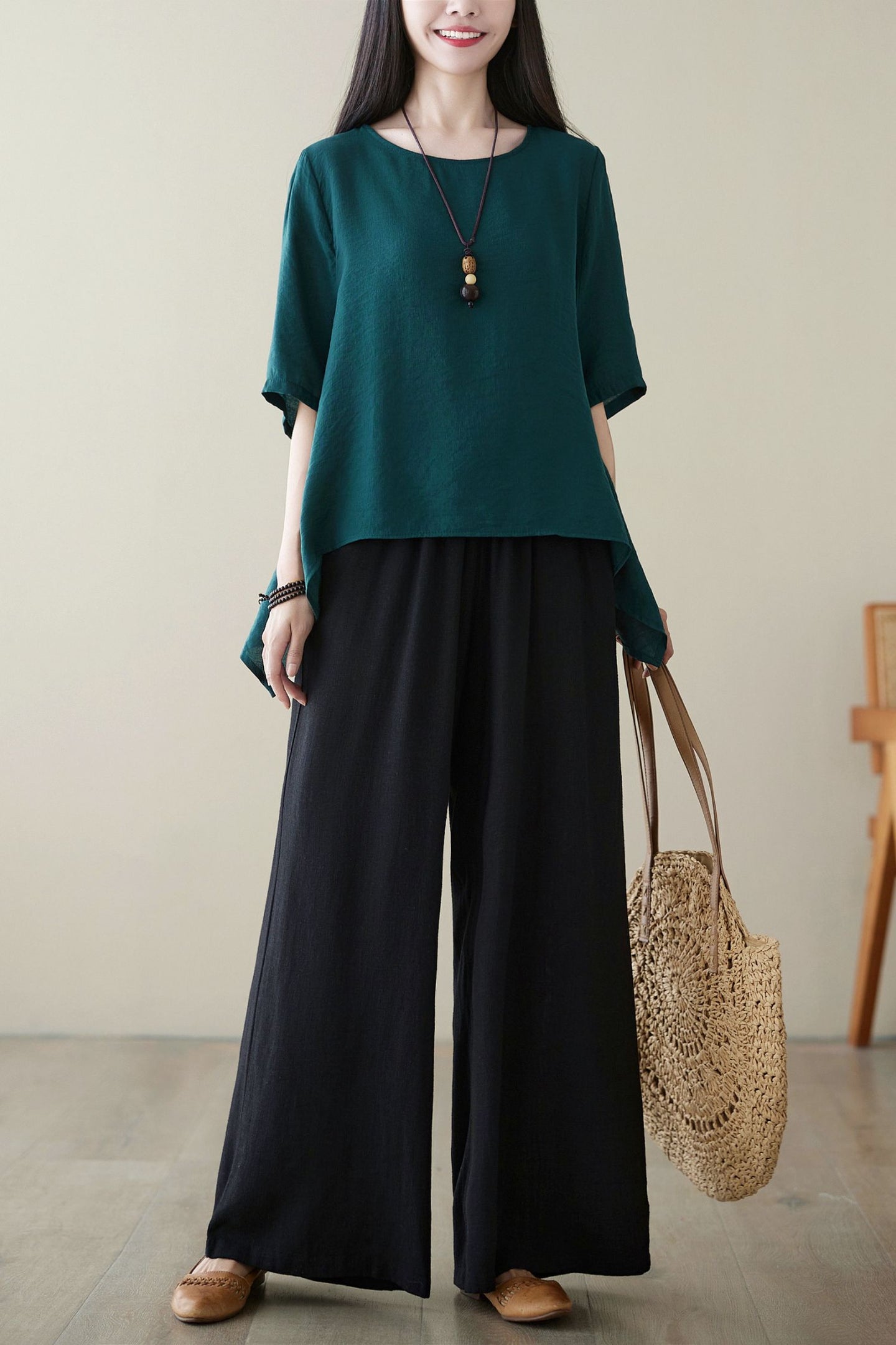 Black casual linen long pants C3962