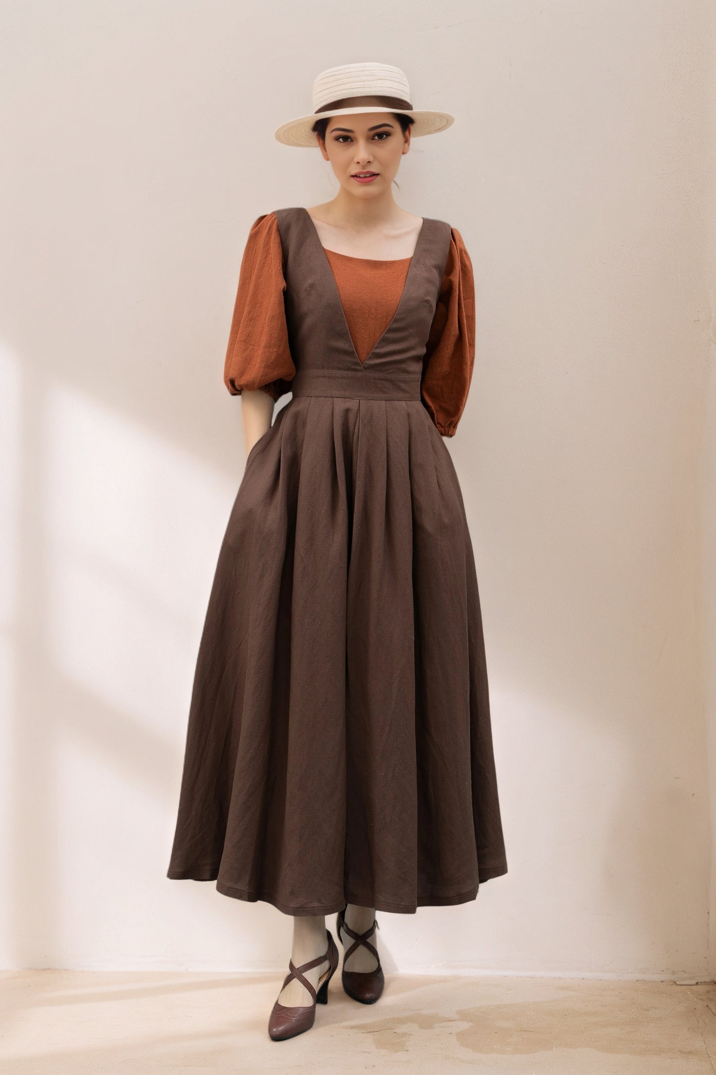 Long Linen pinafore dress C5366