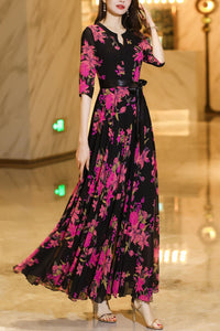 Summer black chiffon floral dress C4106