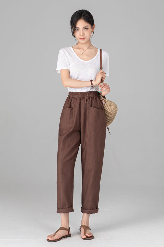 Brown Linen Cotton Harem Pants: Elastic Waist Casual Loose Trousers, Ylistye C5523