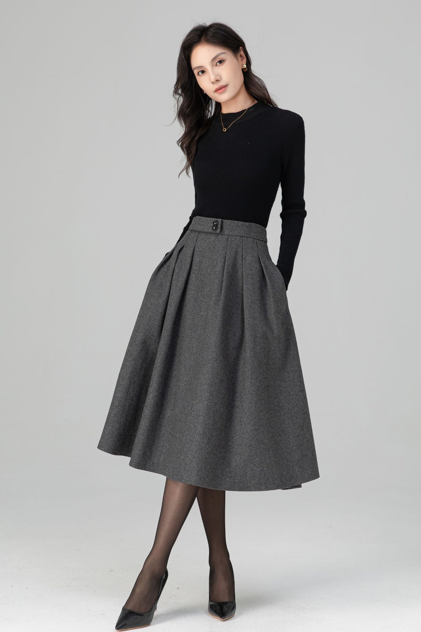 Winter Warm Pleated Midi High Waist Wool Skirt C5200