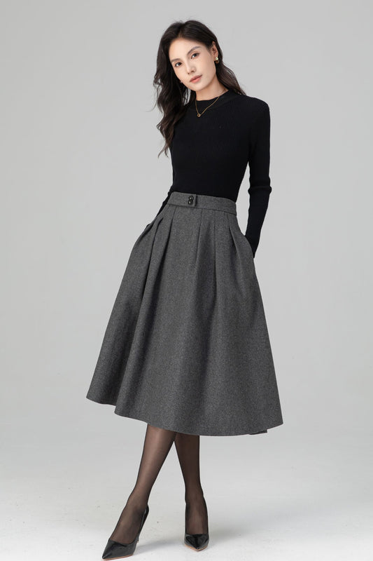 Winter Warm Pleated Midi High Waist Wool Skirt C5200