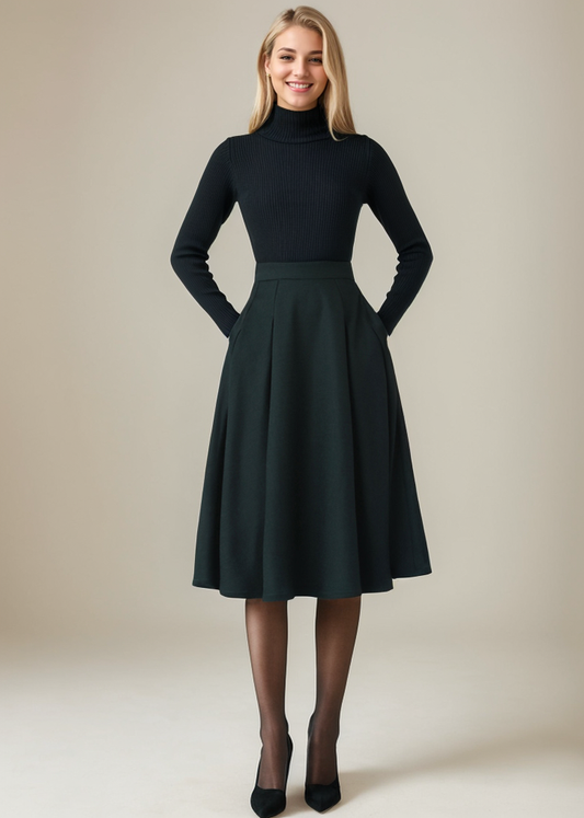 A Line Pleated Midi Wool Skirt Women C4362
