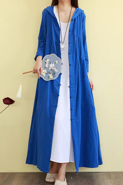 Hooded long linen shirt dress women C5430