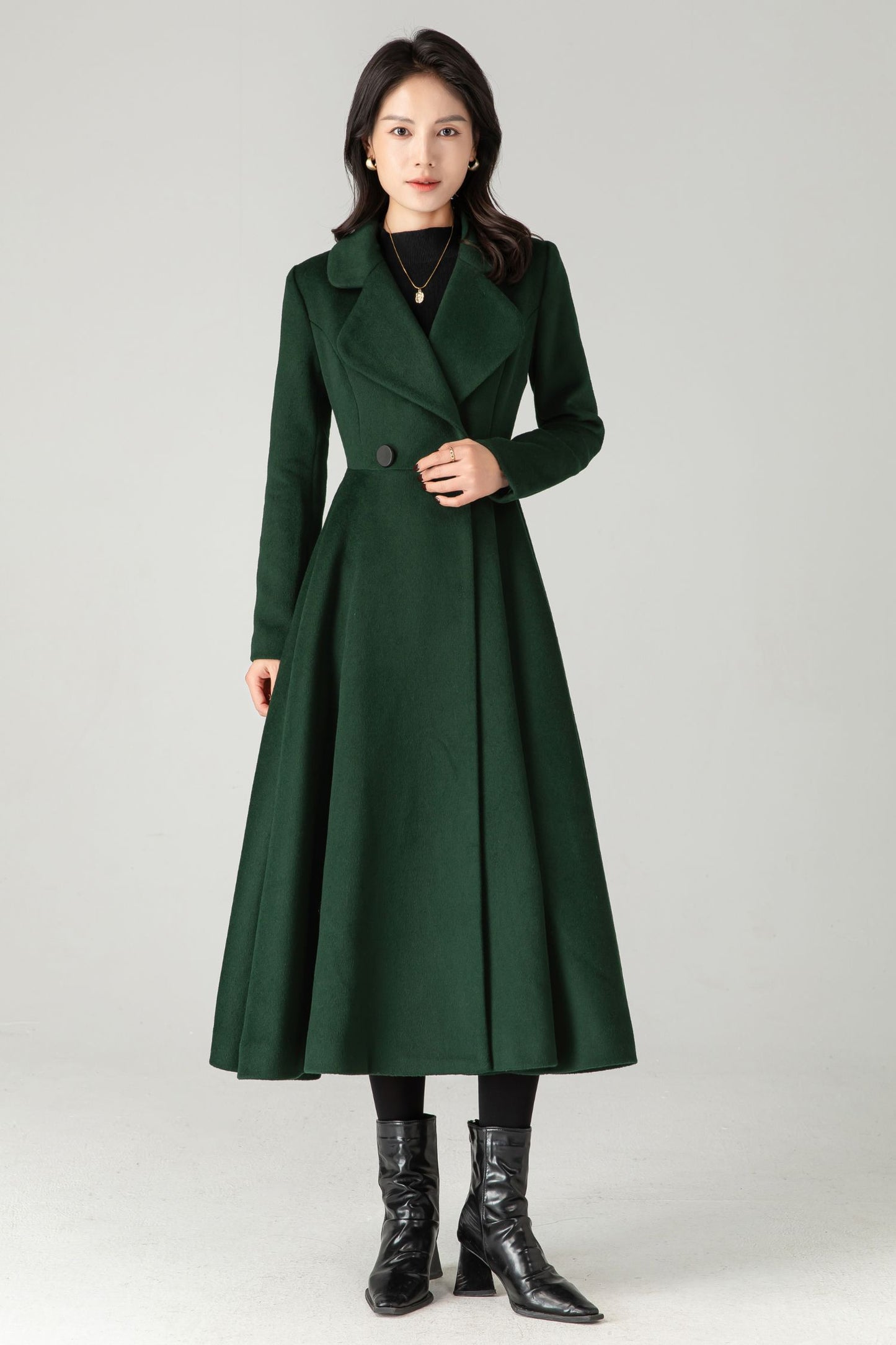 Emerald Green Wool Coat: Elegant Women's Swing Long Flared Trench Coat C5341