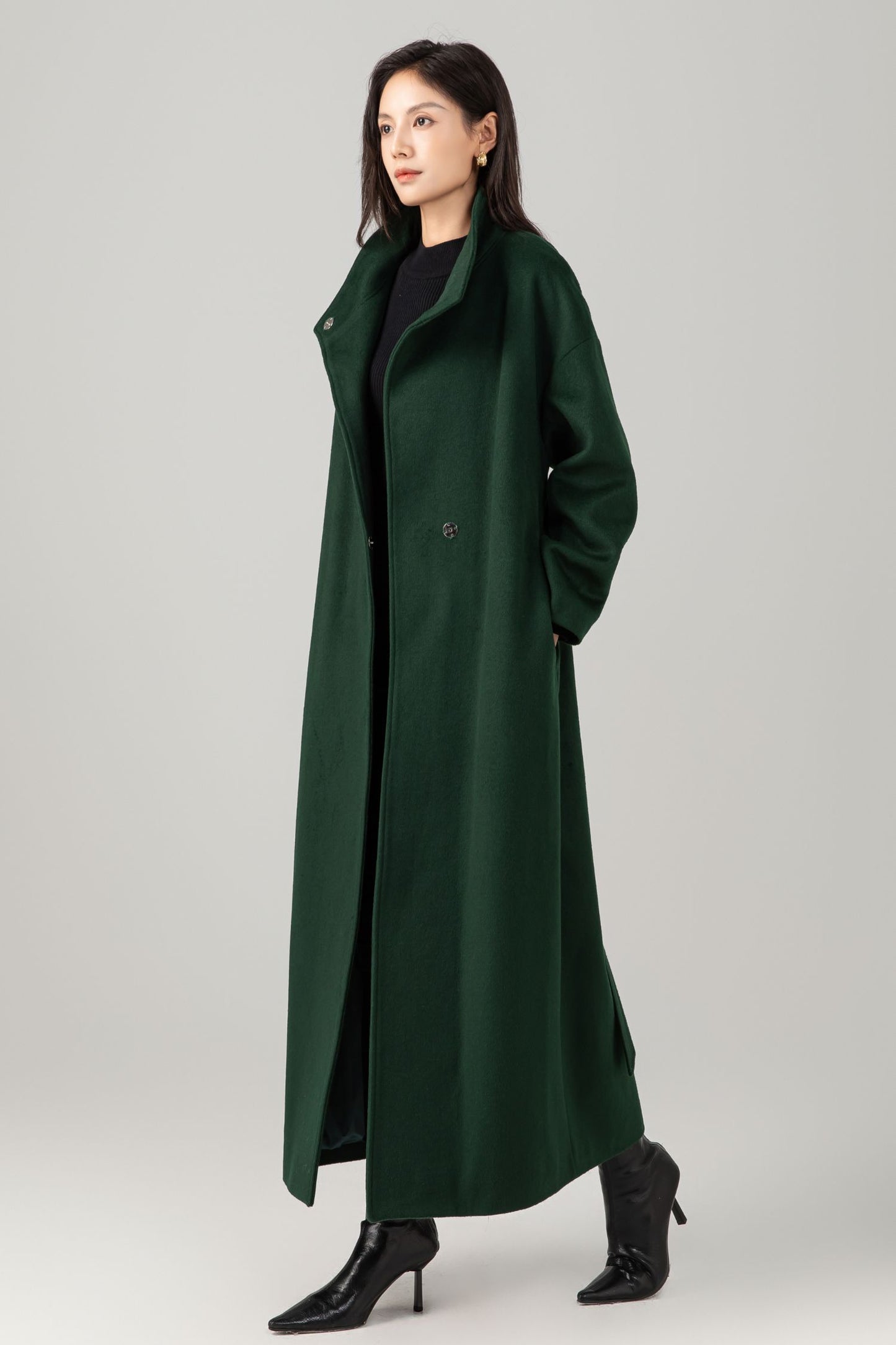 Green long winter warm wool coat C5281