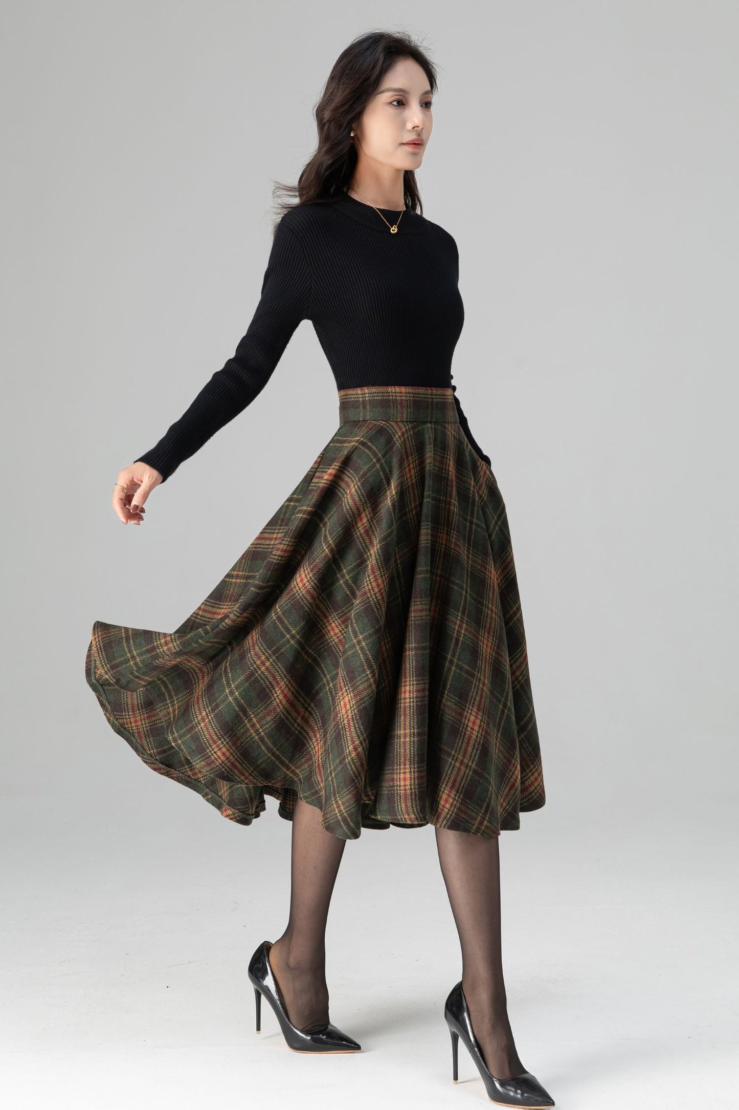 Swing Retro Tartan Midi Plaid Wool Skirt C5197