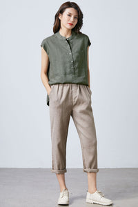 Army green linen sleeveless top C1702