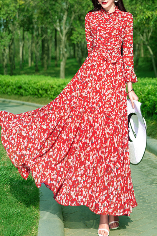 Long-sleeved floral women chiffon big swing dress C3985