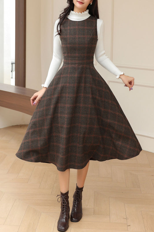 Winter Sleeveless Pinafore Plaid Wool Dress C5192