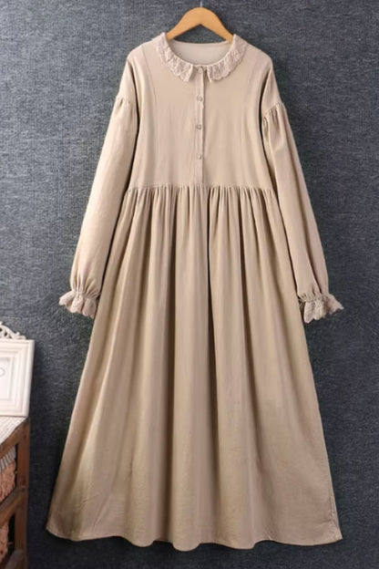 Spring long sleeves corduroy dress with lace details women C5432
