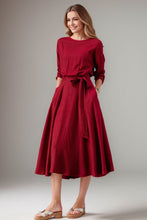 Load image into Gallery viewer, Women&#39;s Spring Burgundy Linen belted Dress C4104
