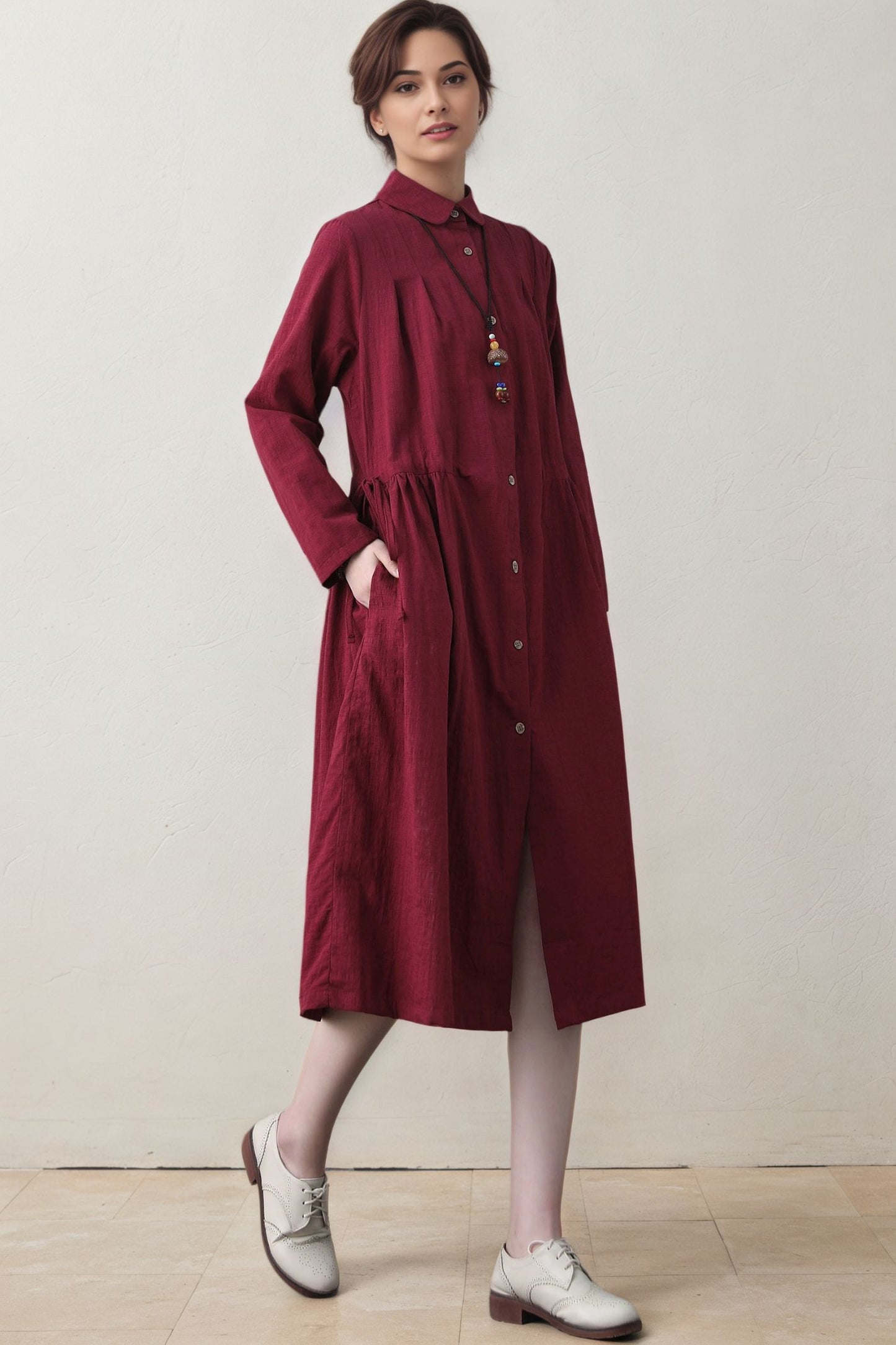 Burgundy Linen Shirt Dress - Long Sleeve Button-Front Midi with Drawstring Waist c5392
