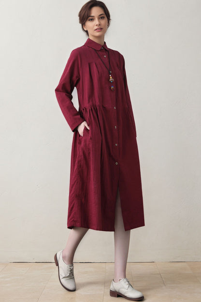 Burgundy Linen Shirt Dress - Long Sleeve Button-Front Midi with Drawstring Waist c5392