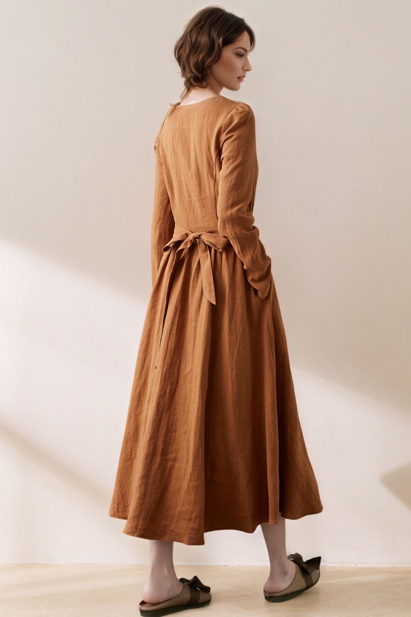 Brown Linen Maxi Dress - Fit and Flare with Tie Bow Waist c5385
